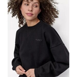 DKNY Women's Long Sleeve Logo Fleece Lined Crewneck Sweatshirt, Black XS New